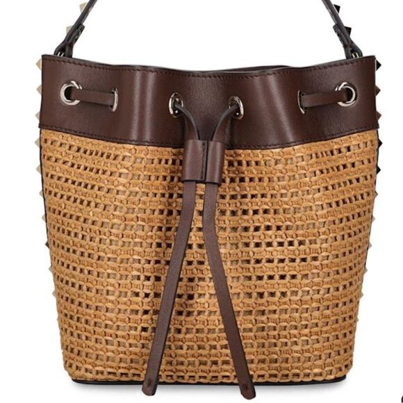 Valentino Garavani Rockstuf Raffia Effect Bucket Bag Tobacco / Cacao NWT - Picture 4 of 7
